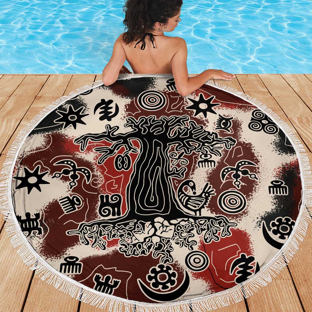 Sacred Heritage Beach Blanket African Abstract Baobab Tree, Ethnic Symbols, and Red-Black Pattern - Wonder Print Shop