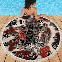 Sacred Heritage Beach Blanket African Abstract Baobab Tree, Ethnic Symbols, and Red-Black Pattern - Wonder Print Shop
