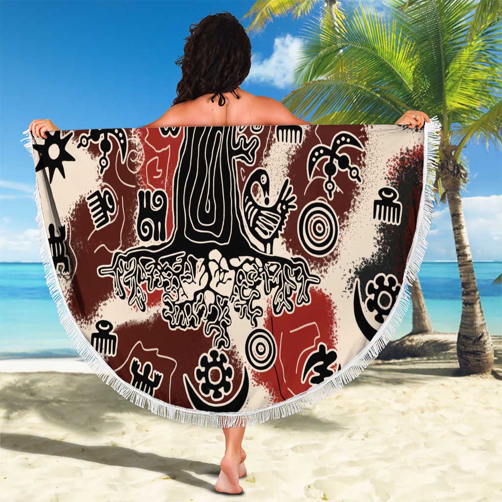 Sacred Heritage Beach Blanket African Abstract Baobab Tree, Ethnic Symbols, and Red-Black Pattern - Wonder Print Shop