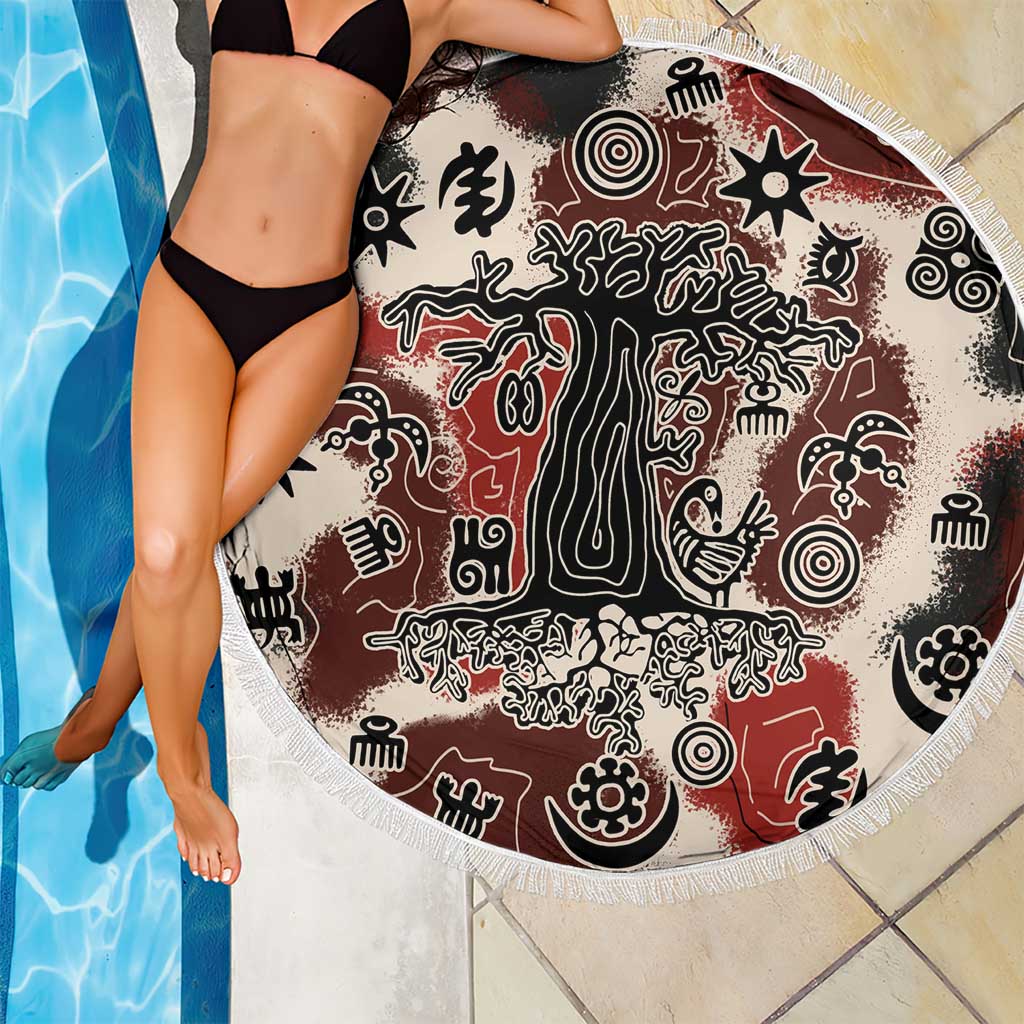 Sacred Heritage Beach Blanket African Abstract Baobab Tree, Ethnic Symbols, and Red-Black Pattern - Wonder Print Shop