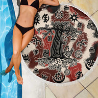 Sacred Heritage Beach Blanket African Abstract Baobab Tree, Ethnic Symbols, and Red-Black Pattern - Wonder Print Shop