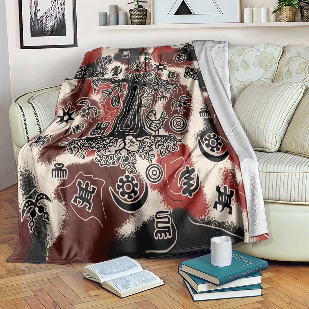 Sacred Heritage Blanket African Abstract Baobab Tree, Ethnic Symbols, and Red-Black Pattern - Wonder Print Shop