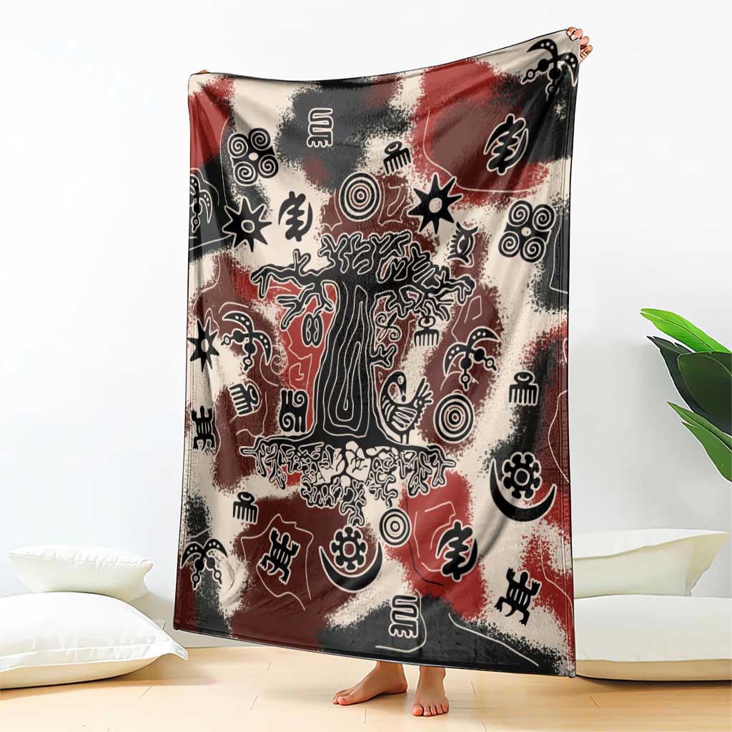 Sacred Heritage Blanket African Abstract Baobab Tree, Ethnic Symbols, and Red-Black Pattern - Wonder Print Shop
