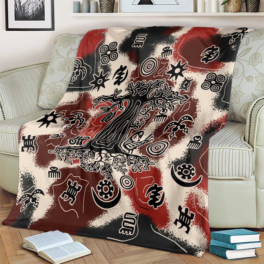 Sacred Heritage Blanket African Abstract Baobab Tree, Ethnic Symbols, and Red-Black Pattern - Wonder Print Shop