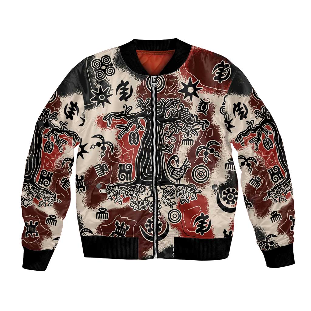 Sacred Heritage Bomber Jacket African Abstract Baobab Tree, Ethnic Symbols, and Red-Black Pattern - Wonder Print Shop