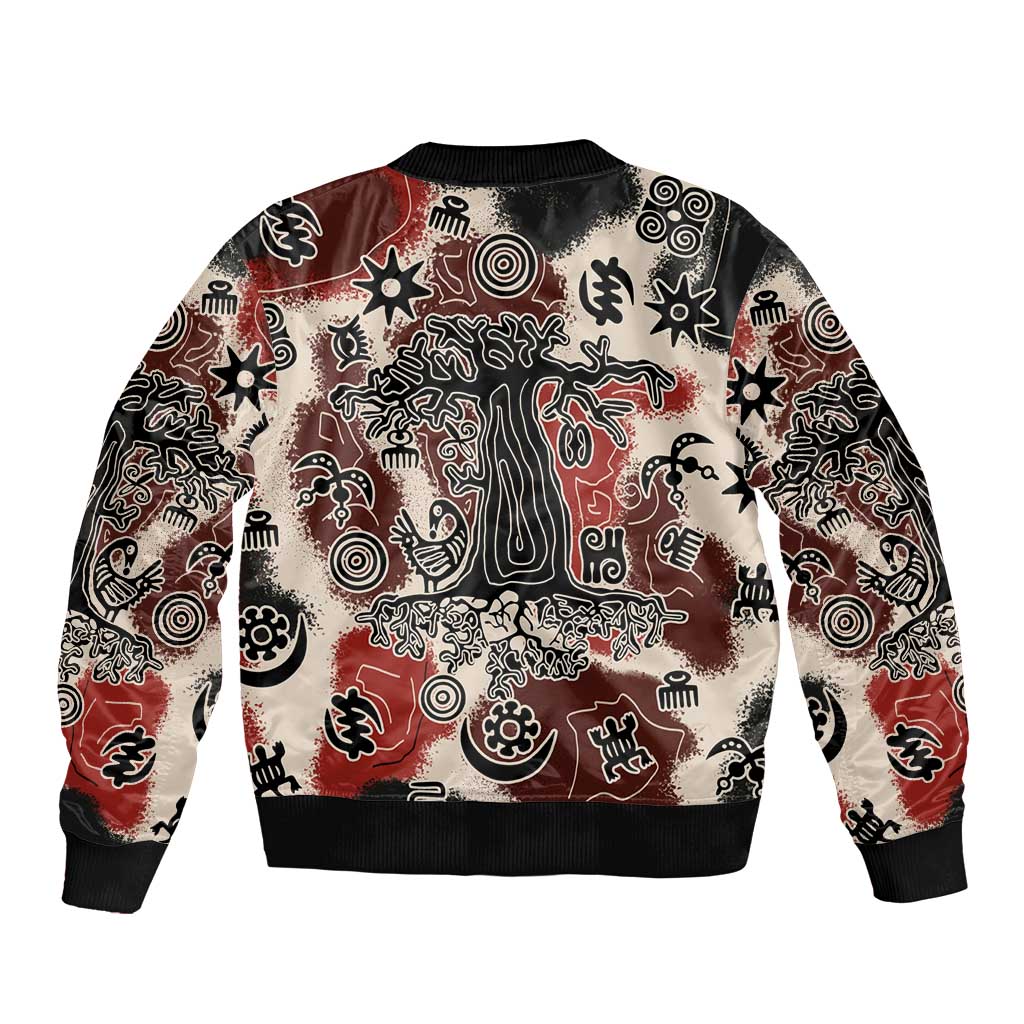 Sacred Heritage Bomber Jacket African Abstract Baobab Tree, Ethnic Symbols, and Red-Black Pattern - Wonder Print Shop