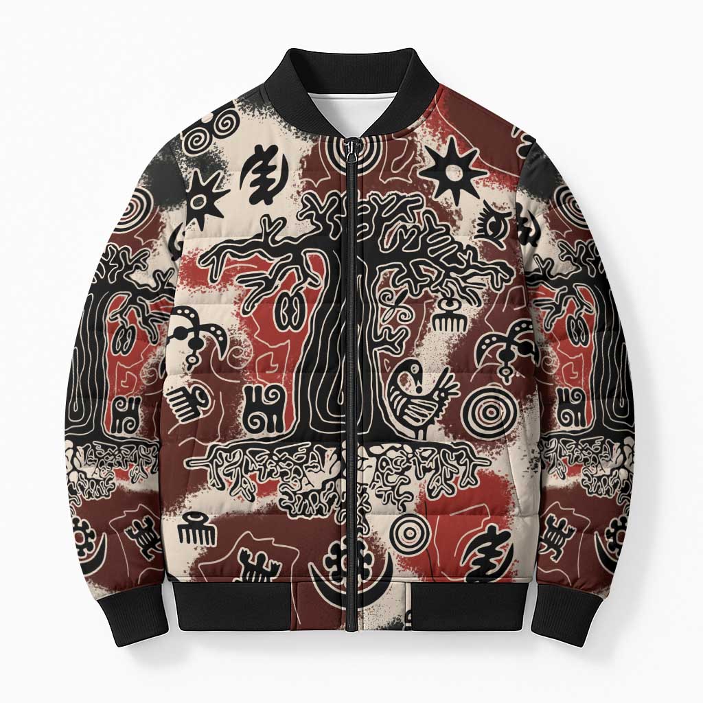 Sacred Heritage Bomber Puffer Jacket African Abstract Baobab Tree, Ethnic Symbols, and Red-Black Pattern - Wonder Print Shop