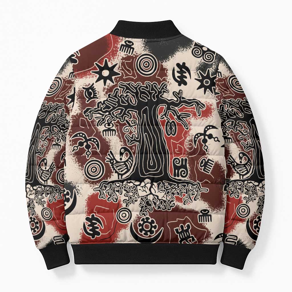 Sacred Heritage Bomber Puffer Jacket African Abstract Baobab Tree, Ethnic Symbols, and Red-Black Pattern - Wonder Print Shop
