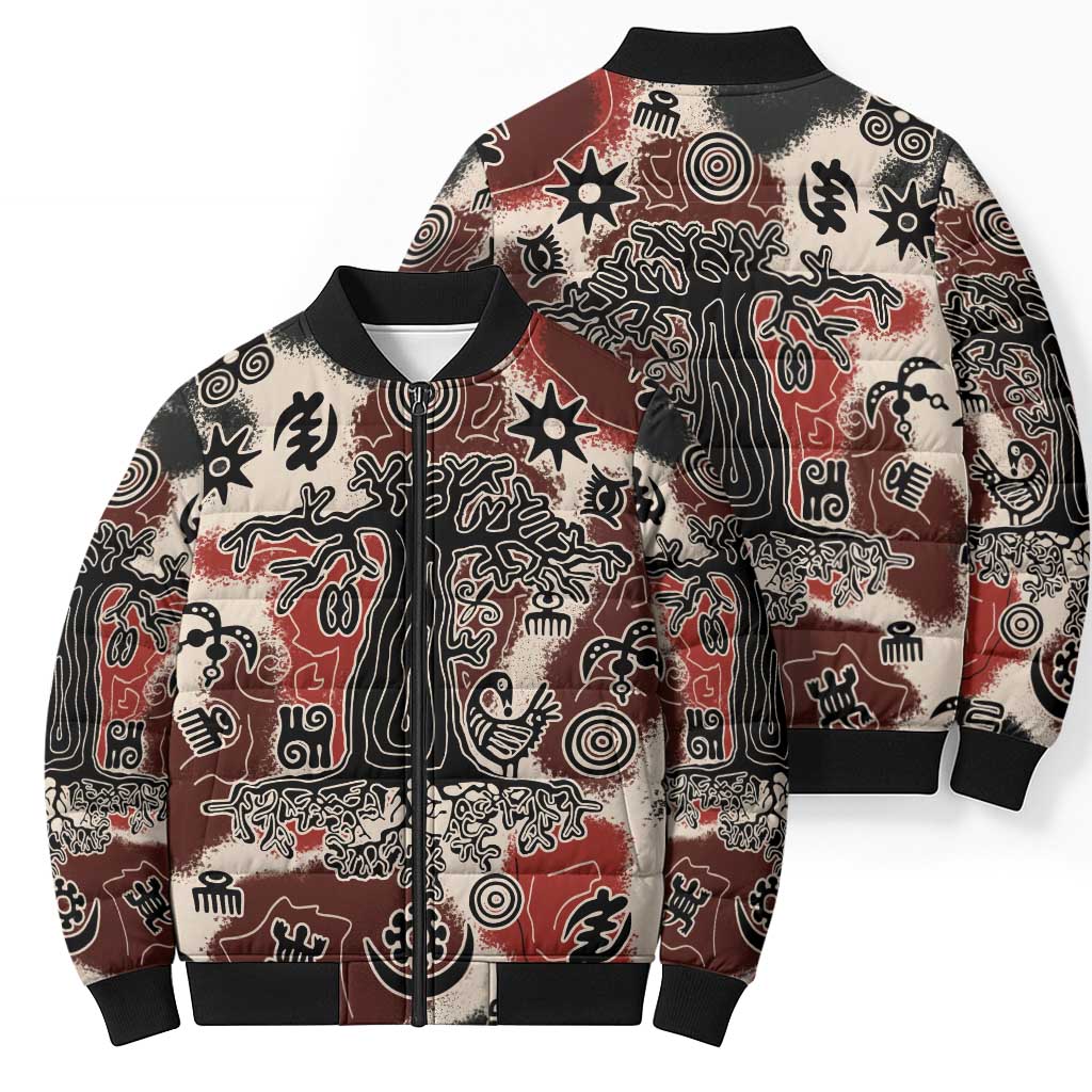 Sacred Heritage Bomber Puffer Jacket African Abstract Baobab Tree, Ethnic Symbols, and Red-Black Pattern - Wonder Print Shop