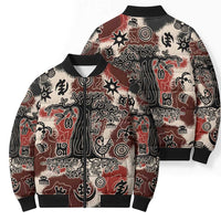 Sacred Heritage Bomber Puffer Jacket African Abstract Baobab Tree, Ethnic Symbols, and Red-Black Pattern - Wonder Print Shop