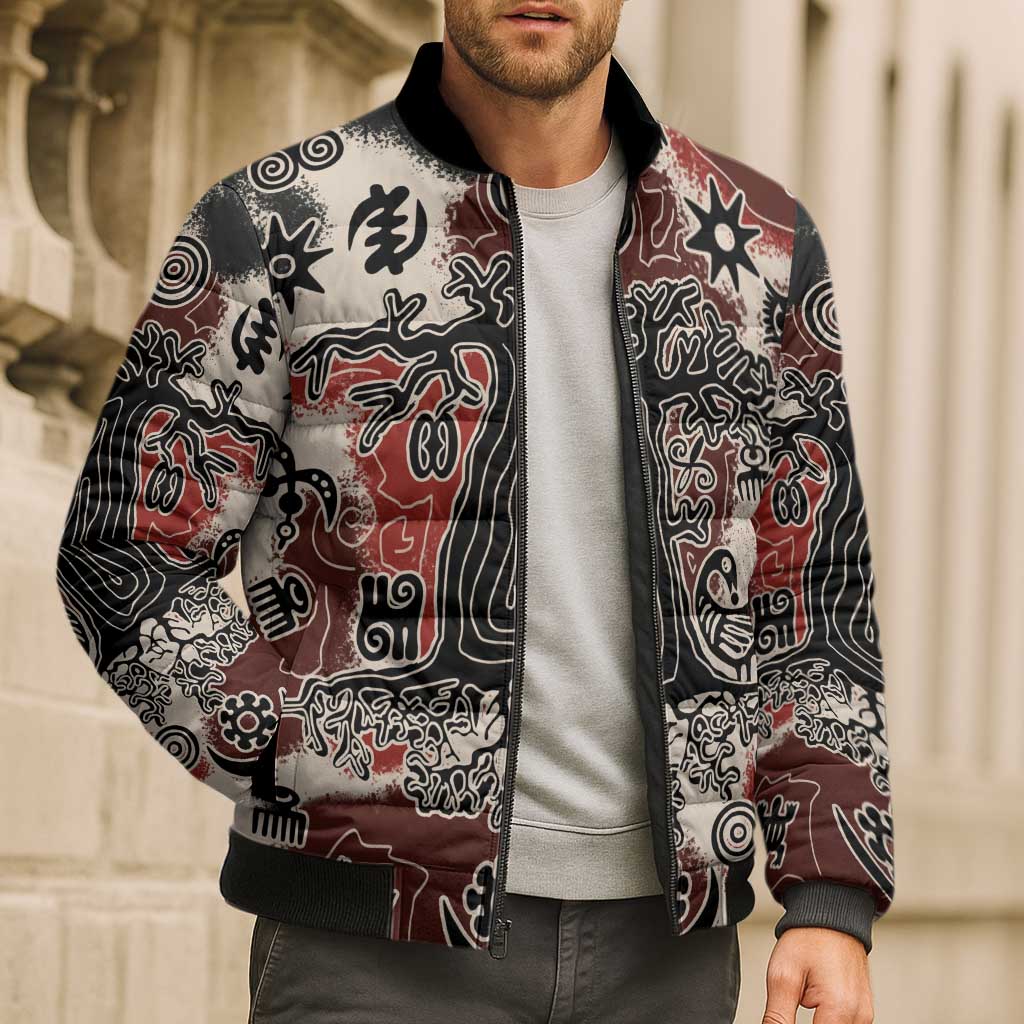 Sacred Heritage Bomber Puffer Jacket African Abstract Baobab Tree, Ethnic Symbols, and Red-Black Pattern - Wonder Print Shop