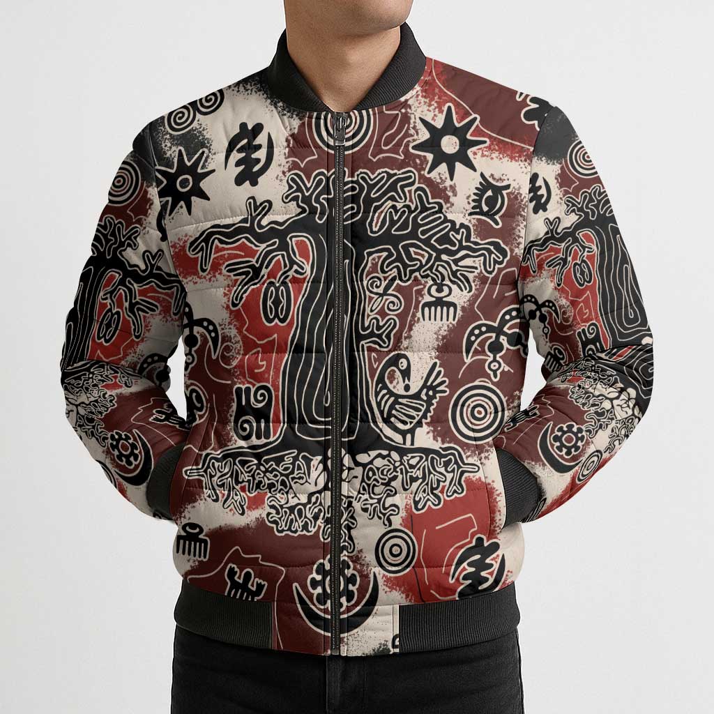 Sacred Heritage Bomber Puffer Jacket African Abstract Baobab Tree, Ethnic Symbols, and Red-Black Pattern - Wonder Print Shop