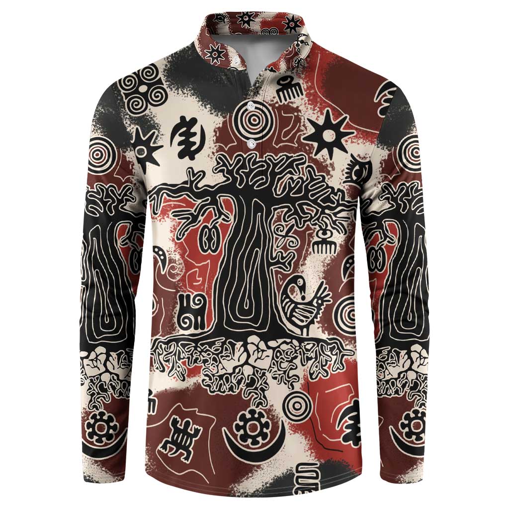 Sacred Heritage Button Sweatshirt African Abstract Baobab Tree, Ethnic Symbols, and Red-Black Pattern - Wonder Print Shop