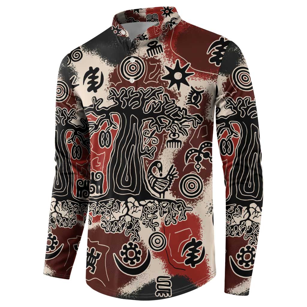 Sacred Heritage Button Sweatshirt African Abstract Baobab Tree, Ethnic Symbols, and Red-Black Pattern - Wonder Print Shop