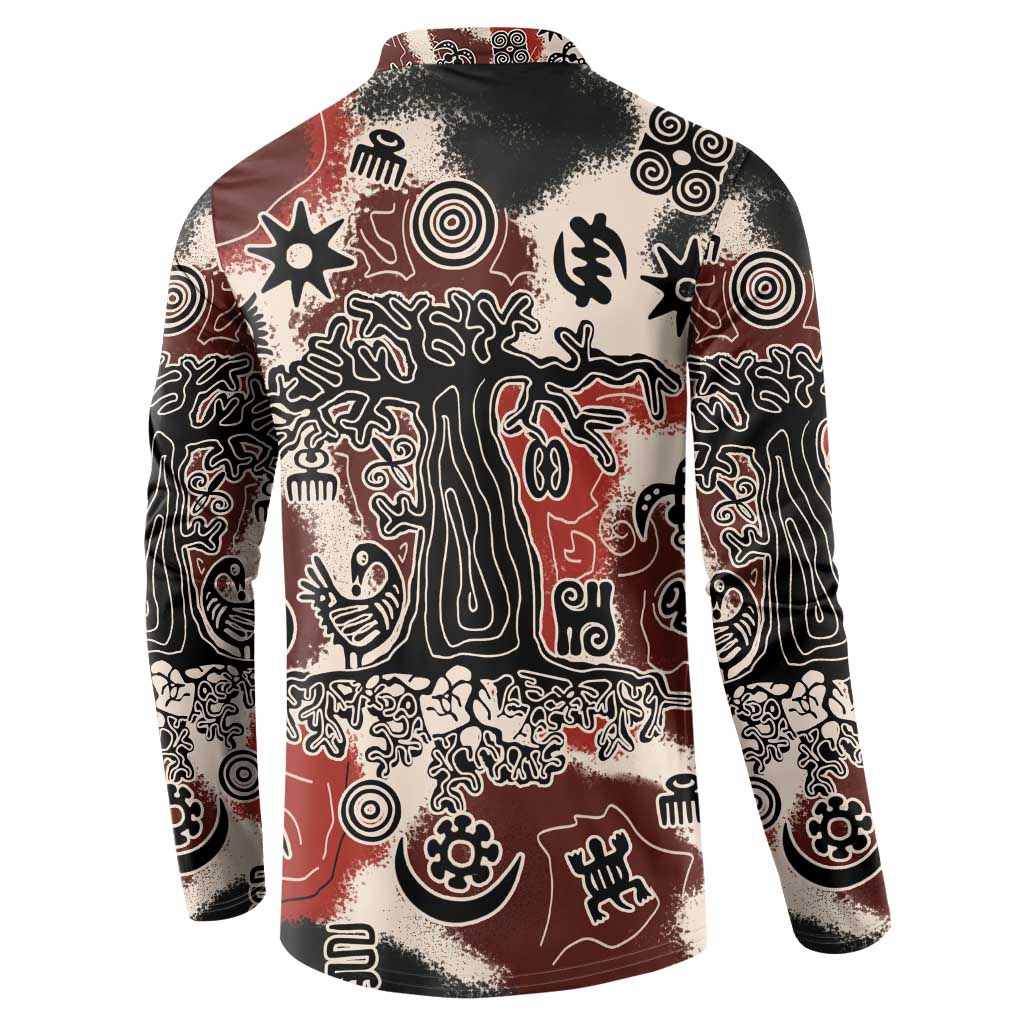 Sacred Heritage Button Sweatshirt African Abstract Baobab Tree, Ethnic Symbols, and Red-Black Pattern - Wonder Print Shop