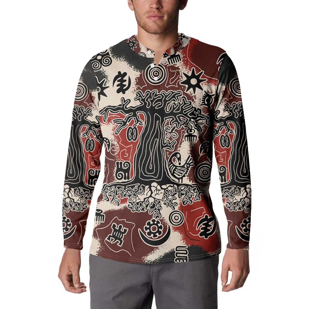 Sacred Heritage Button Sweatshirt African Abstract Baobab Tree, Ethnic Symbols, and Red-Black Pattern - Wonder Print Shop