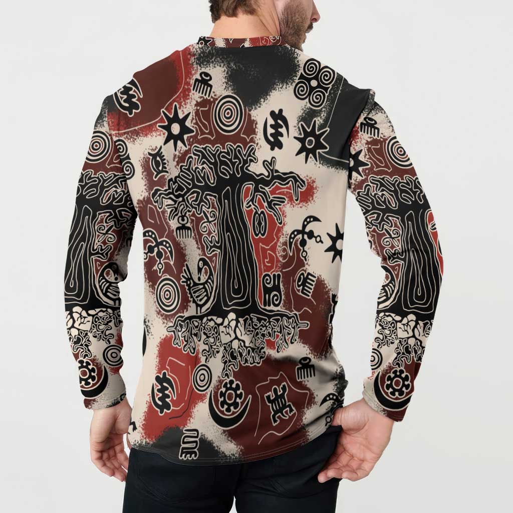 Sacred Heritage Button Sweatshirt African Abstract Baobab Tree, Ethnic Symbols, and Red-Black Pattern - Wonder Print Shop