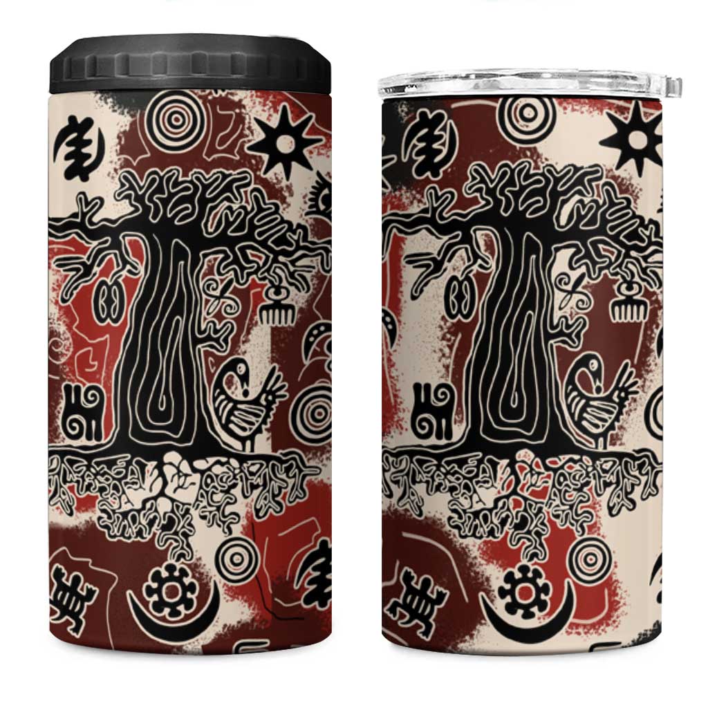 Sacred Heritage 4 in 1 Can Cooler Tumbler African Abstract Baobab Tree, Ethnic Symbols, and Red-Black Pattern - Wonder Print Shop