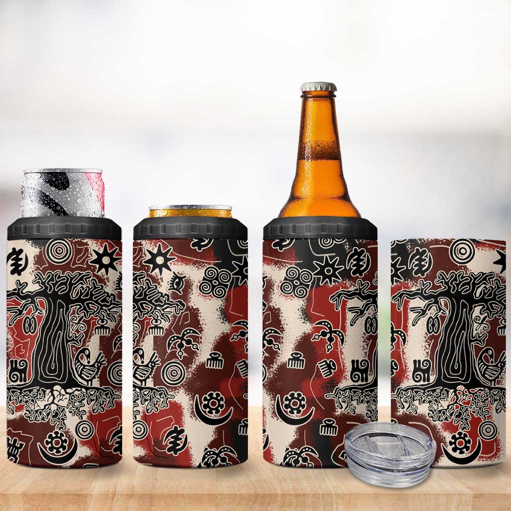 Sacred Heritage 4 in 1 Can Cooler Tumbler African Abstract Baobab Tree, Ethnic Symbols, and Red-Black Pattern - Wonder Print Shop