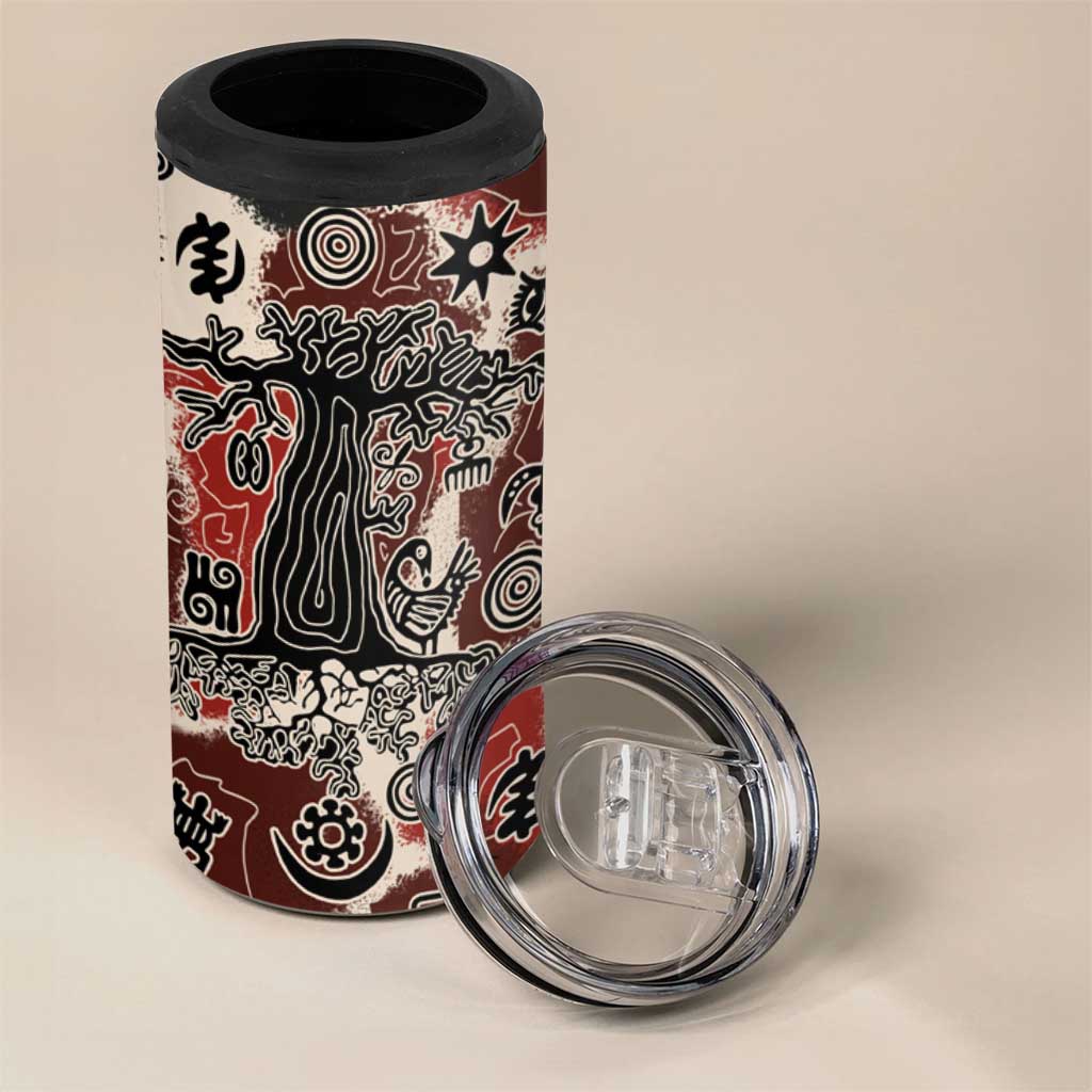 Sacred Heritage 4 in 1 Can Cooler Tumbler African Abstract Baobab Tree, Ethnic Symbols, and Red-Black Pattern - Wonder Print Shop