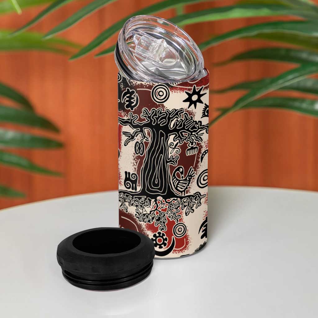 Sacred Heritage 4 in 1 Can Cooler Tumbler African Abstract Baobab Tree, Ethnic Symbols, and Red-Black Pattern - Wonder Print Shop