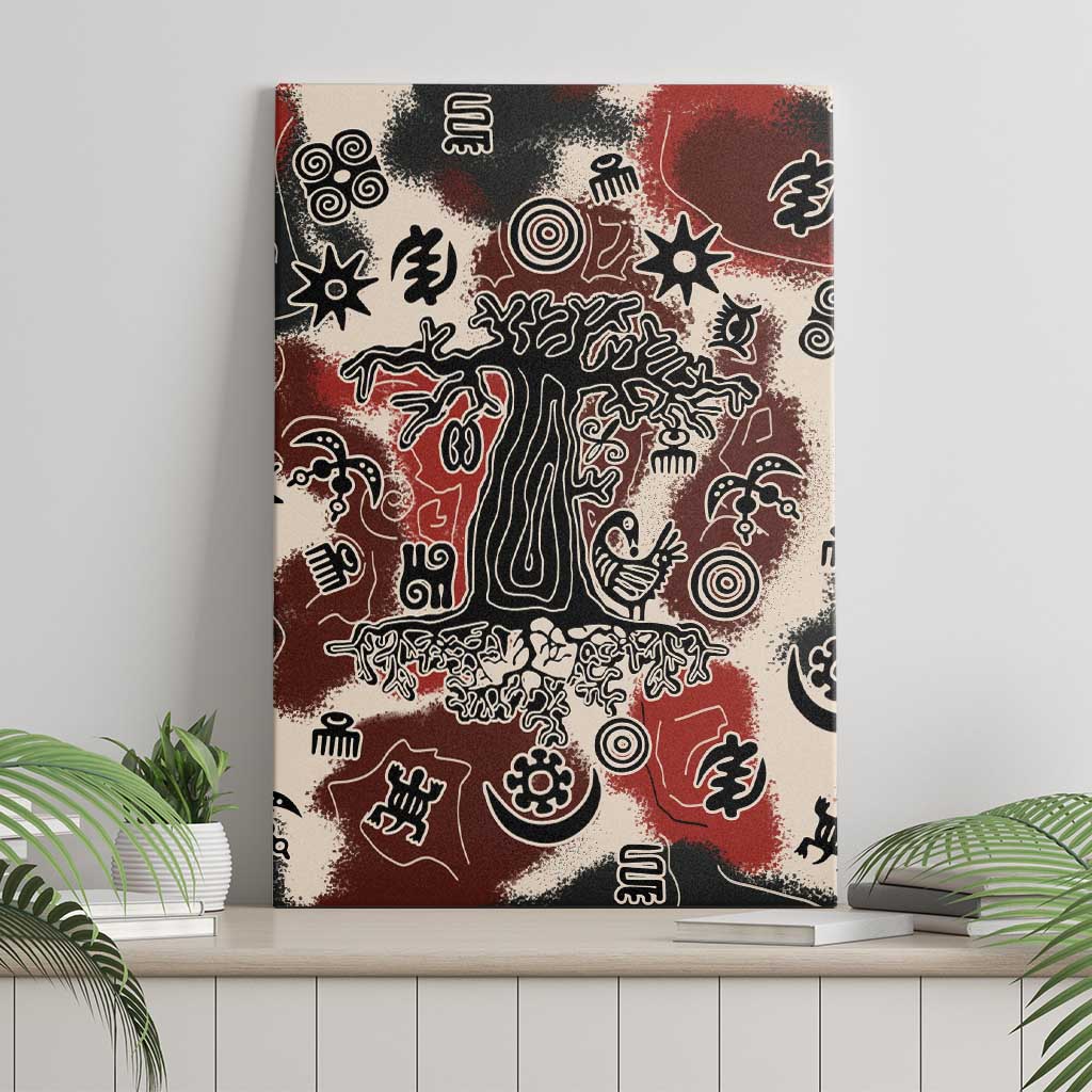 Sacred Heritage Canvas Wall Art African Abstract Baobab Tree, Ethnic Symbols, and Red-Black Pattern - Wonder Print Shop