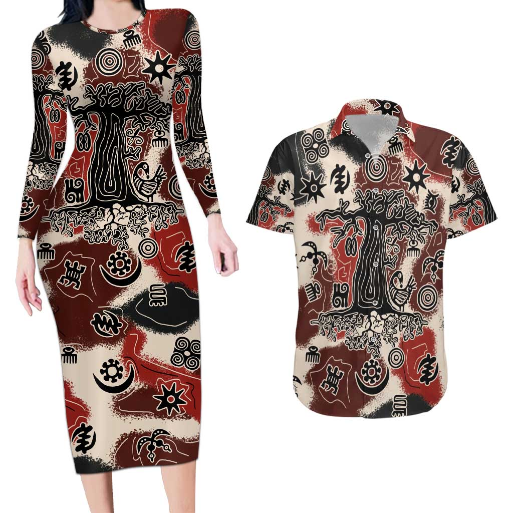 Sacred Heritage Couples Matching Long Sleeve Bodycon Dress and Hawaiian Shirt African Abstract Baobab Tree, Ethnic Symbols, and Red-Black Pattern - Wonder Print Shop