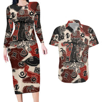 Sacred Heritage Couples Matching Long Sleeve Bodycon Dress and Hawaiian Shirt African Abstract Baobab Tree, Ethnic Symbols, and Red-Black Pattern - Wonder Print Shop