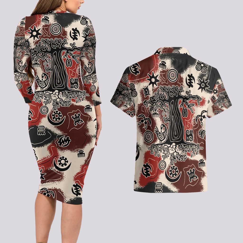Sacred Heritage Couples Matching Long Sleeve Bodycon Dress and Hawaiian Shirt African Abstract Baobab Tree, Ethnic Symbols, and Red-Black Pattern - Wonder Print Shop