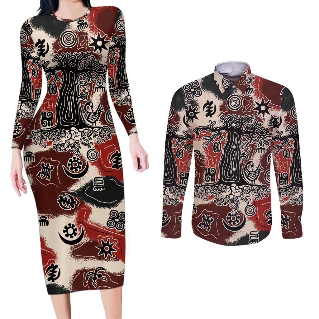 Sacred Heritage Couples Matching Long Sleeve Bodycon Dress and Long Sleeve Button Shirt African Abstract Baobab Tree, Ethnic Symbols, and Red-Black Pattern - Wonder Print Shop