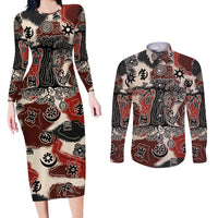 Sacred Heritage Couples Matching Long Sleeve Bodycon Dress and Long Sleeve Button Shirt African Abstract Baobab Tree, Ethnic Symbols, and Red-Black Pattern - Wonder Print Shop