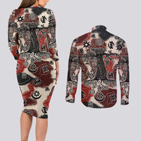 Sacred Heritage Couples Matching Long Sleeve Bodycon Dress and Long Sleeve Button Shirt African Abstract Baobab Tree, Ethnic Symbols, and Red-Black Pattern - Wonder Print Shop