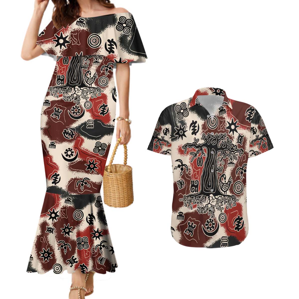 Sacred Heritage Couples Matching Mermaid Dress and Hawaiian Shirt African Abstract Baobab Tree, Ethnic Symbols, and Red-Black Pattern - Wonder Print Shop