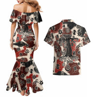 Sacred Heritage Couples Matching Mermaid Dress and Hawaiian Shirt African Abstract Baobab Tree, Ethnic Symbols, and Red-Black Pattern - Wonder Print Shop