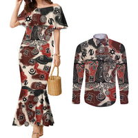 Sacred Heritage Couples Matching Mermaid Dress and Long Sleeve Button Shirt African Abstract Baobab Tree, Ethnic Symbols, and Red-Black Pattern - Wonder Print Shop