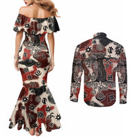 Sacred Heritage Couples Matching Mermaid Dress and Long Sleeve Button Shirt African Abstract Baobab Tree, Ethnic Symbols, and Red-Black Pattern - Wonder Print Shop