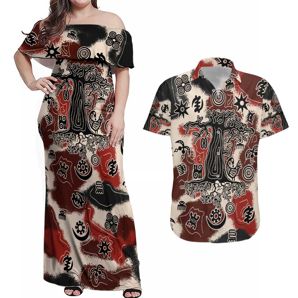 Sacred Heritage Couples Matching Off Shoulder Maxi Dress and Hawaiian Shirt African Abstract Baobab Tree, Ethnic Symbols, and Red-Black Pattern - Wonder Print Shop