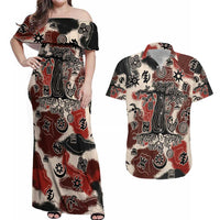 Sacred Heritage Couples Matching Off Shoulder Maxi Dress and Hawaiian Shirt African Abstract Baobab Tree, Ethnic Symbols, and Red-Black Pattern - Wonder Print Shop