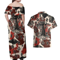 Sacred Heritage Couples Matching Off Shoulder Maxi Dress and Hawaiian Shirt African Abstract Baobab Tree, Ethnic Symbols, and Red-Black Pattern - Wonder Print Shop