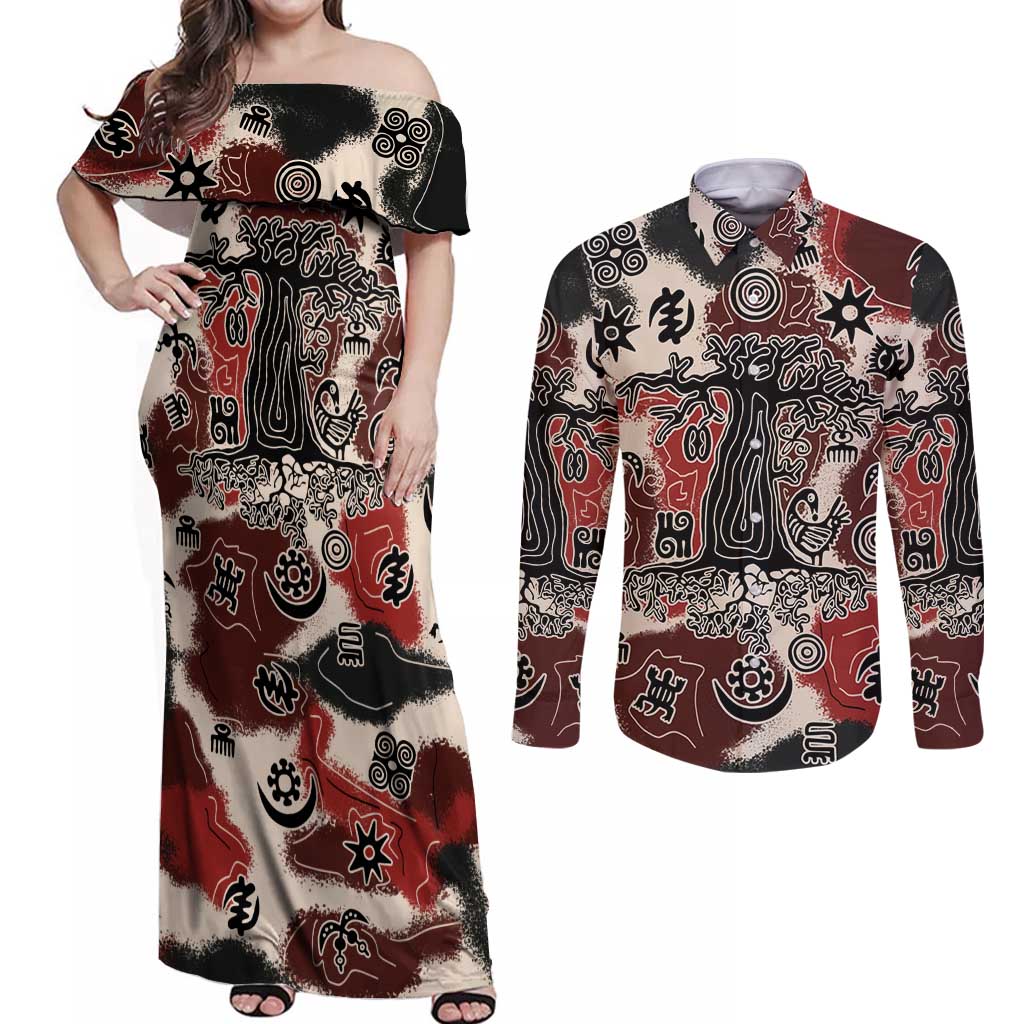 Sacred Heritage Couples Matching Off Shoulder Maxi Dress and Long Sleeve Button Shirt African Abstract Baobab Tree, Ethnic Symbols, and Red-Black Pattern - Wonder Print Shop