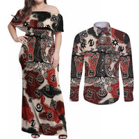 Sacred Heritage Couples Matching Off Shoulder Maxi Dress and Long Sleeve Button Shirt African Abstract Baobab Tree, Ethnic Symbols, and Red-Black Pattern - Wonder Print Shop