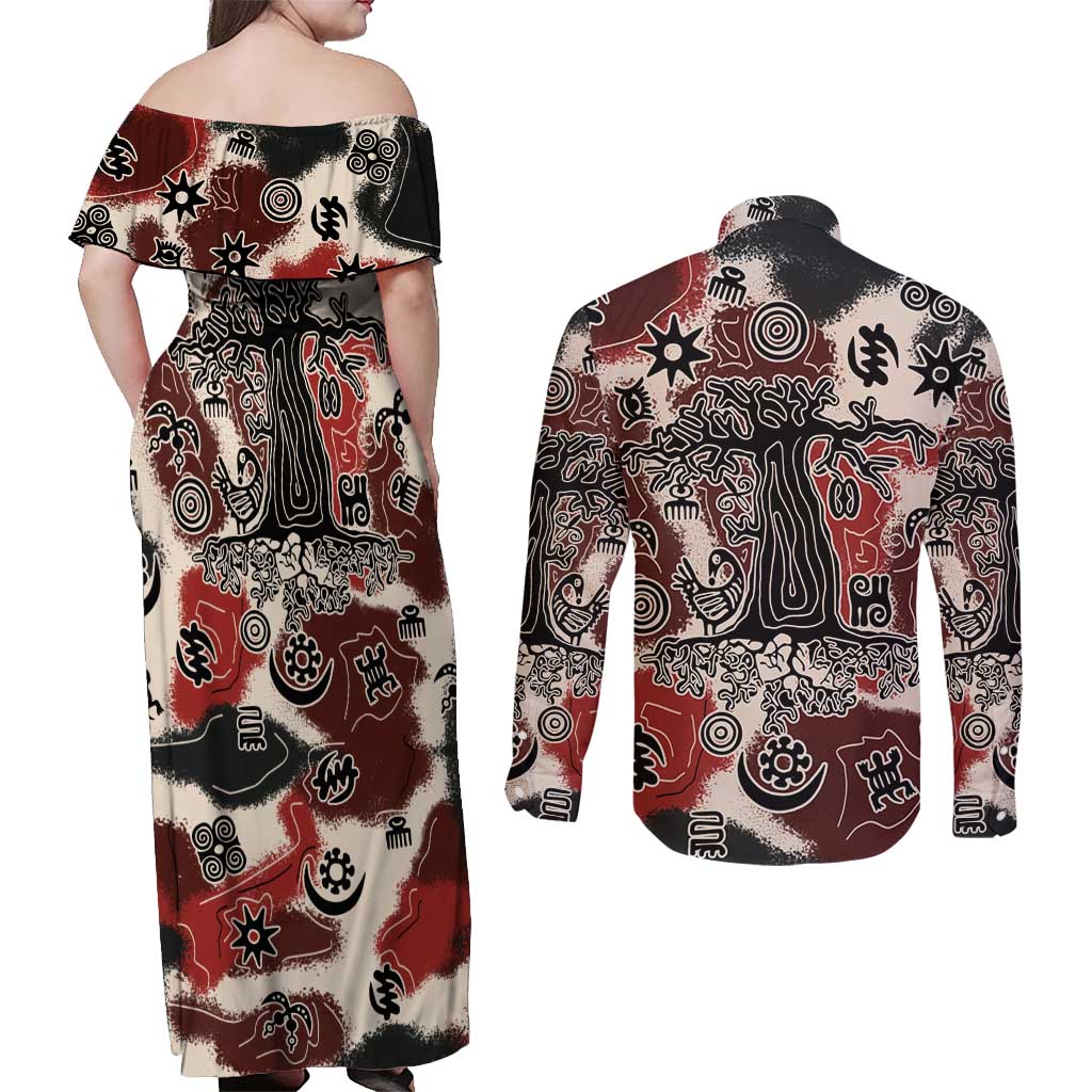 Sacred Heritage Couples Matching Off Shoulder Maxi Dress and Long Sleeve Button Shirt African Abstract Baobab Tree, Ethnic Symbols, and Red-Black Pattern - Wonder Print Shop