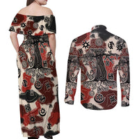 Sacred Heritage Couples Matching Off Shoulder Maxi Dress and Long Sleeve Button Shirt African Abstract Baobab Tree, Ethnic Symbols, and Red-Black Pattern - Wonder Print Shop