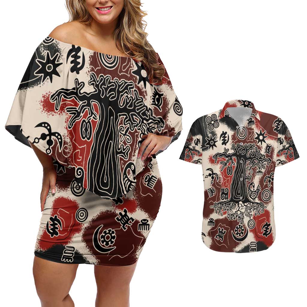 Sacred Heritage Couples Matching Off Shoulder Short Dress and Hawaiian Shirt African Abstract Baobab Tree, Ethnic Symbols, and Red-Black Pattern - Wonder Print Shop