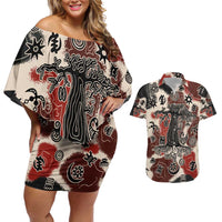 Sacred Heritage Couples Matching Off Shoulder Short Dress and Hawaiian Shirt African Abstract Baobab Tree, Ethnic Symbols, and Red-Black Pattern - Wonder Print Shop