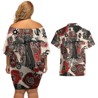 Sacred Heritage Couples Matching Off Shoulder Short Dress and Hawaiian Shirt African Abstract Baobab Tree, Ethnic Symbols, and Red-Black Pattern - Wonder Print Shop