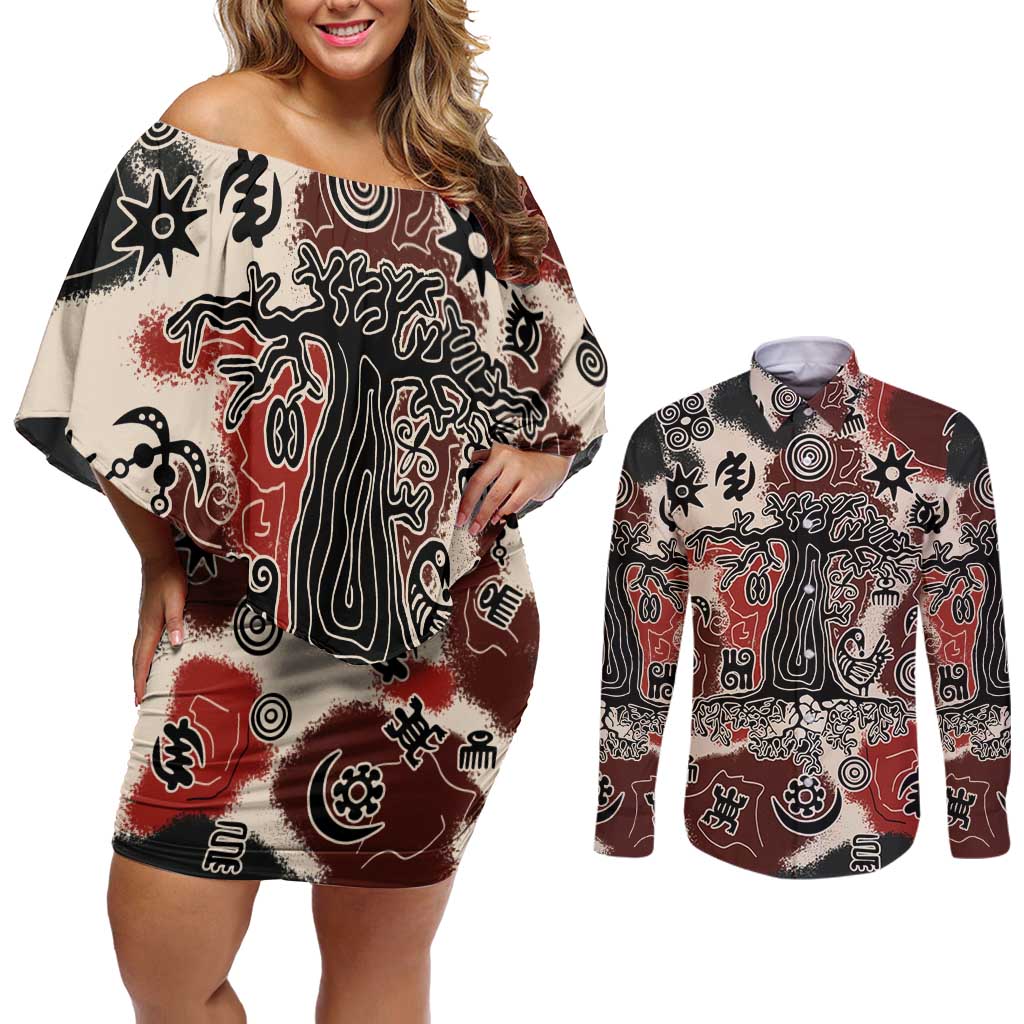 Sacred Heritage Couples Matching Off Shoulder Short Dress and Long Sleeve Button Shirt African Abstract Baobab Tree, Ethnic Symbols, and Red-Black Pattern - Wonder Print Shop