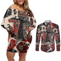 Sacred Heritage Couples Matching Off Shoulder Short Dress and Long Sleeve Button Shirt African Abstract Baobab Tree, Ethnic Symbols, and Red-Black Pattern - Wonder Print Shop