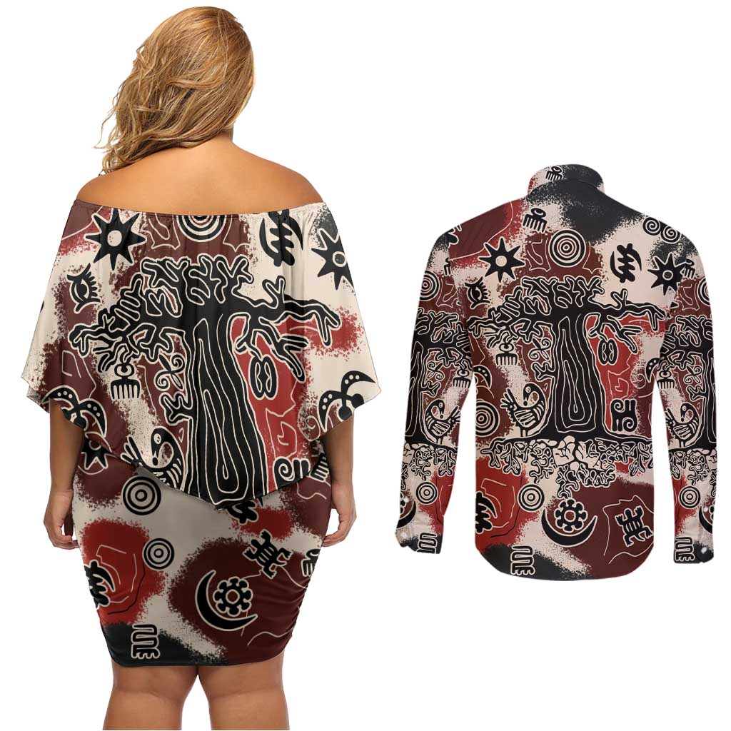 Sacred Heritage Couples Matching Off Shoulder Short Dress and Long Sleeve Button Shirt African Abstract Baobab Tree, Ethnic Symbols, and Red-Black Pattern - Wonder Print Shop