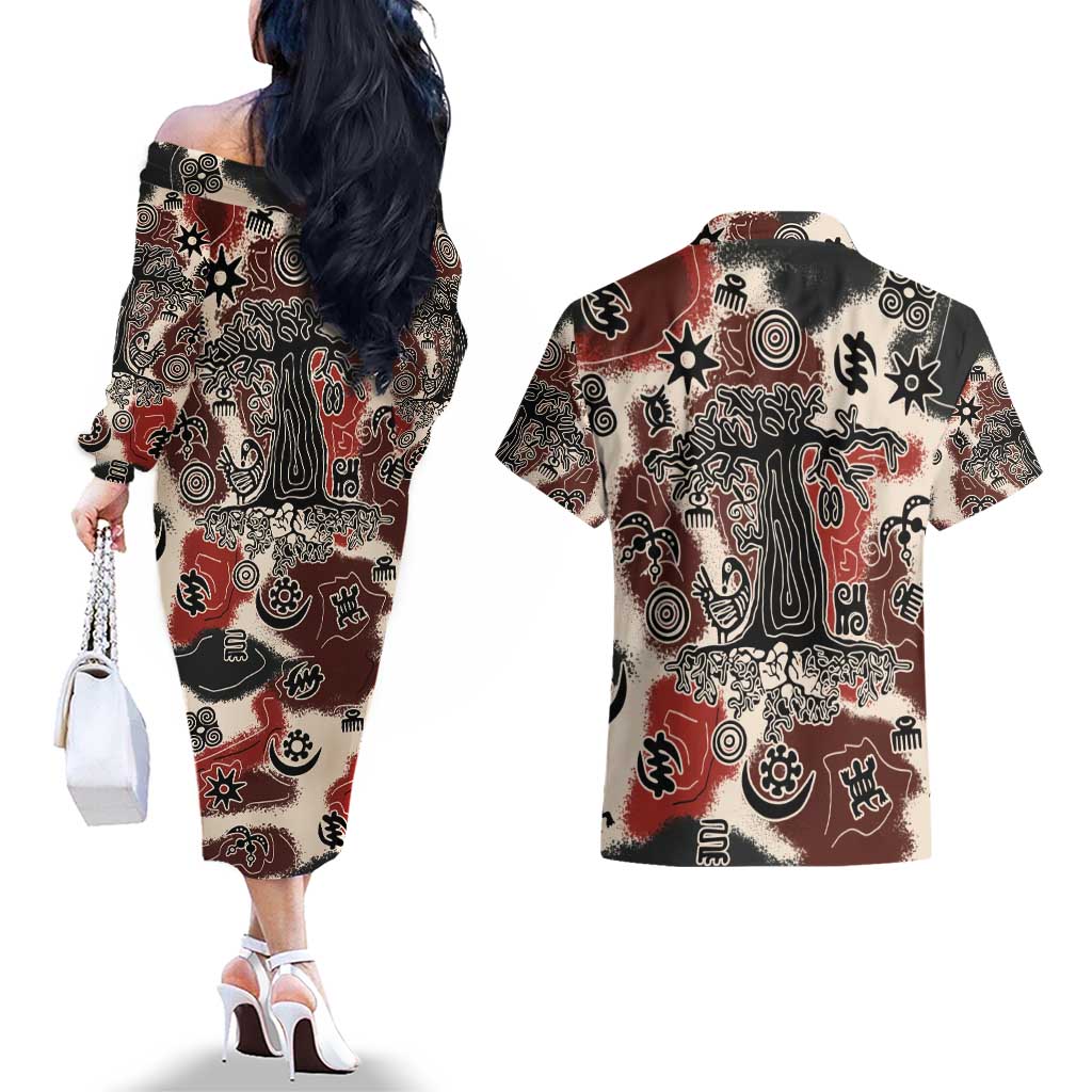 Sacred Heritage Couples Matching Off The Shoulder Long Sleeve Dress and Hawaiian Shirt African Abstract Baobab Tree, Ethnic Symbols, and Red-Black Pattern - Wonder Print Shop